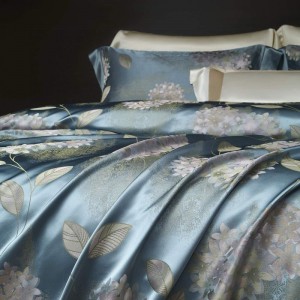 Luxury Blue Floral Yarn-Dyed Jacquard 100% Mulberry Silk 4PCS Bedding Set with Smooth Duvet Cover Bed Sheets Double Pillowcases