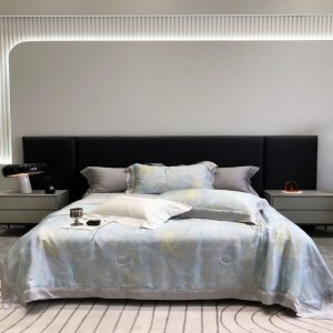 Light blue summer quilt lyocell digital printing bedding set with double pillowcases bed sheets
