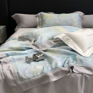 Light blue summer quilt lyocell digital printing bedding set with double pillowcases bed sheets
