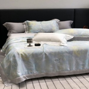Light blue summer quilt lyocell digital printing bedding set with double pillowcases bed sheets
