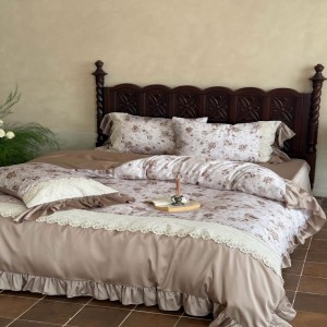 60s lyocell digital printing and lace embroidery duvet cover pink bed sheets high grade bedding set