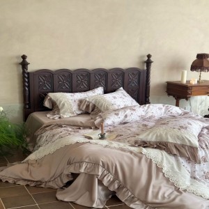 60s lyocell digital printing and lace embroidery duvet cover pink bed sheets high grade bedding set
