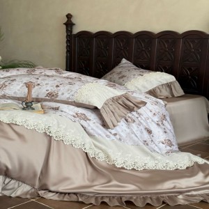 60s lyocell digital printing and lace embroidery duvet cover pink bed sheets high grade bedding set