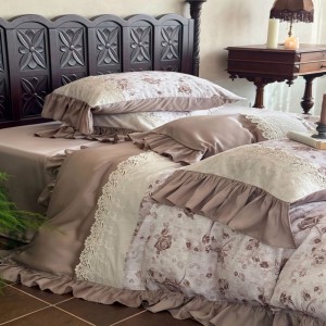 60s lyocell digital printing and lace embroidery duvet cover pink bed sheets high grade bedding set