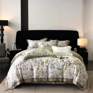 Light luxury senior lyocell cotton bed linen exquisite king size house printing comforter cover green bedroom bedding set wholesaler