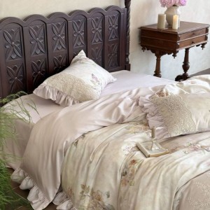 Pink lyocell digital printing lace embroidery duvet cover bed sheets ODM/OEM bedding set