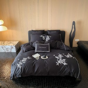 Black floral embroidery duvet cover bed sheets 100s lobg staple cotton bedding set