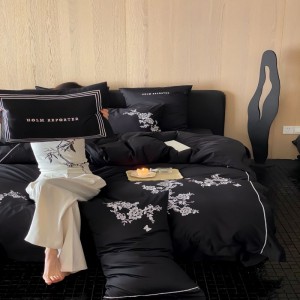 Black floral embroidery duvet cover bed sheets 100s lobg staple cotton bedding set