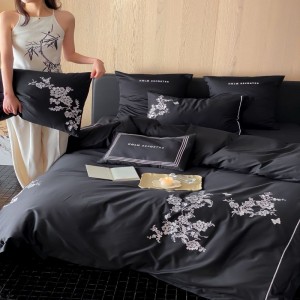 Black floral embroidery duvet cover bed sheets 100s lobg staple cotton bedding set
