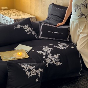 Black floral embroidery duvet cover bed sheets 100s lobg staple cotton bedding set