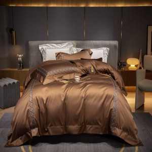 100s super soft pima cotton bedding set brown embroidery duvet cover bed sheets