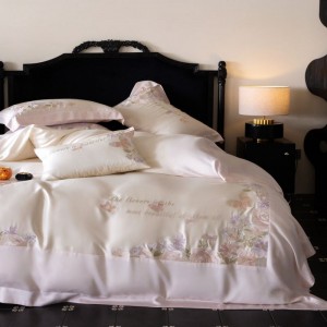 Luxury Pink Floral Embroidery Comforter Quilt Duvet Cover With 2 Pillowcases Bed Sheet Lyocell Bedding Set