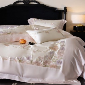 Luxury Pink Floral Embroidery Comforter Quilt Duvet Cover With 2 Pillowcases Bed Sheet Lyocell Bedding Set