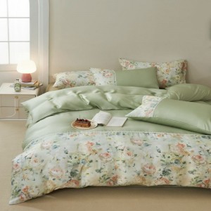 French Style Floral Plant Digital Printing Duvet Cover 300tc Lyocell Four Piece Green Bed Sheet Bedding Set