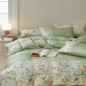French Style Floral Plant Digital Printing Duvet Cover 300tc Lyocell Four Piece Green Bed Sheet Bedding Set
