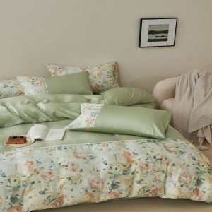 French Style Floral Plant Digital Printing Duvet Cover 300tc Lyocell Four Piece Green Bed Sheet Bedding Set