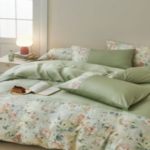 French Style Floral Plant Digital Printing Duvet Cover 300tc Lyocell Four Piece Green Bed Sheet Bedding Set