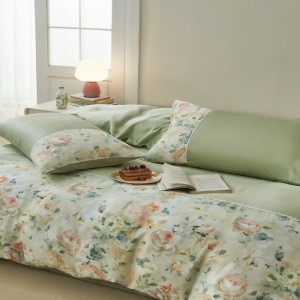 French Style Floral Plant Digital Printing Duvet Cover 300tc Lyocell Four Piece Green Bed Sheet Bedding Set