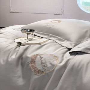 Gray 100% Lyocell Embroidery Quilt Cover Queen King Bed Sheets Bedding Set