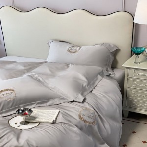 Gray 100% Lyocell Embroidery Quilt Cover Queen King Bed Sheets Bedding Set