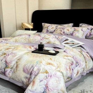 2025 New Long Staple Cotton Digital Printing Purple Floral Bedding Set