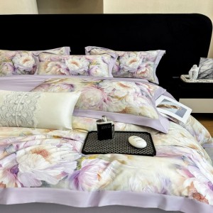 2025 New Long Staple Cotton Digital Printing Purple Floral Bedding Set