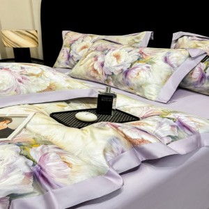 2025 New Long Staple Cotton Digital Printing Purple Floral Bedding Set