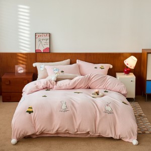Warm fleece 4-pieces home textile towel embroidery duvet cover ruffles pillow shams pink flat sheets queen size bedding set
