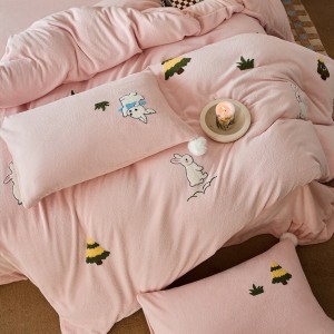 Warm fleece 4-pieces home textile towel embroidery duvet cover ruffles pillow shams pink flat sheets queen size bedding set