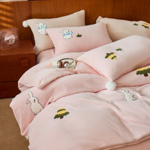 Warm fleece 4-pieces home textile towel embroidery duvet cover ruffles pillow shams pink flat sheets queen size bedding set