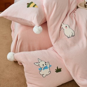 Warm fleece 4-pieces home textile towel embroidery duvet cover ruffles pillow shams pink flat sheets queen size bedding set
