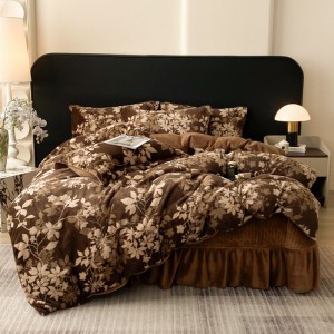 Hot selling rabbit fleece 4-pieces home textile brown coverlets printing bedsheets simple style bed linen bedding set wholesaler