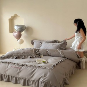 2025 New Arrival Embroidery Quilt Cover 100S Cotton Bed Sheet Gray 4PCS Bedding Set