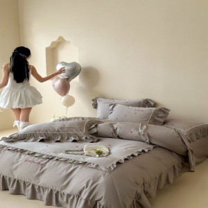 2025 New Arrival Embroidery Quilt Cover 100S Cotton Bed Sheet Gray 4PCS Bedding Set