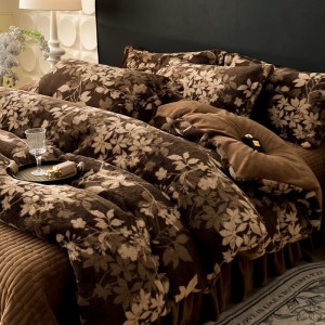 Hot selling rabbit fleece 4-pieces home textile brown coverlets printing bedsheets simple style bed linen bedding set wholesaler