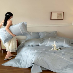 500TC Cotton Blue Embroidery Duvet Cover Pillowcases Bed Sheets Queen King Size Bedding Set