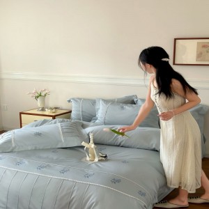 500TC Cotton Blue Embroidery Duvet Cover Pillowcases Bed Sheets Queen King Size Bedding Set