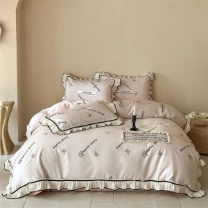 French Design Pink Embroidery Lace Edge Quilt Cover Soft Bed Sheets Cotton Bedding Set