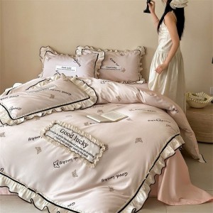 French Design Pink Embroidery Lace Edge Quilt Cover Soft Bed Sheets Cotton Bedding Set