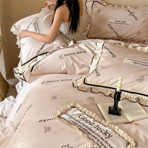 French Design Pink Embroidery Lace Edge Quilt Cover Soft Bed Sheets Cotton Bedding Set