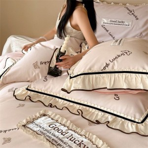 French Design Pink Embroidery Lace Edge Quilt Cover Soft Bed Sheets Cotton Bedding Set