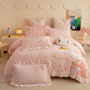 Cute high-end cartoon embroidery comforter cover pink milk fleece king size bed sheets 4-piece kids’ bedding set manufacturer