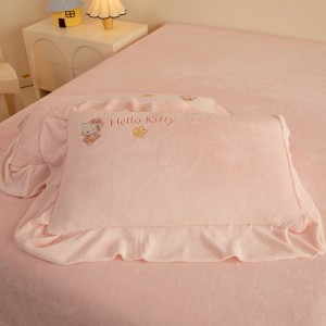 Cute high-end cartoon embroidery comforter cover pink milk fleece king size bed sheets 4-piece kids’ bedding set manufacturer