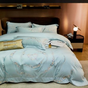 180S Pure Cotton Embroidery Duvet Cover Blue Bed Sheet Queen King Bedding Set