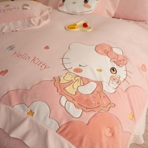 Cute high-end cartoon embroidery comforter cover pink milk fleece king size bed sheets 4-piece kids’ bedding set manufacturer