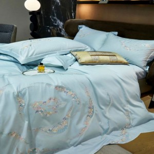 180S Pure Cotton Embroidery Duvet Cover Blue Bed Sheet Queen King Bedding Set