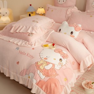 Cute high-end cartoon embroidery comforter cover pink milk fleece king size bed sheets 4-piece kids’ bedding set manufacturer
