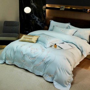 180S Pure Cotton Embroidery Duvet Cover Blue Bed Sheet Queen King Bedding Set
