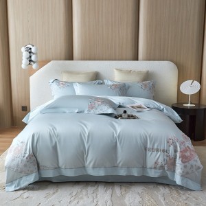 Floral Plant Embroidery Duvet Cover Blue Flat Bed Sheet 180S Cotton Bedding Set