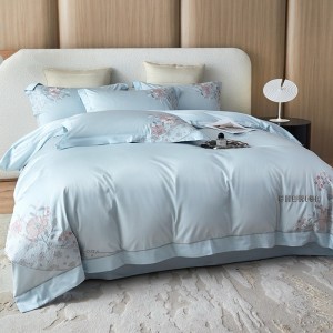 Floral Plant Embroidery Duvet Cover Blue Flat Bed Sheet 180S Cotton Bedding Set